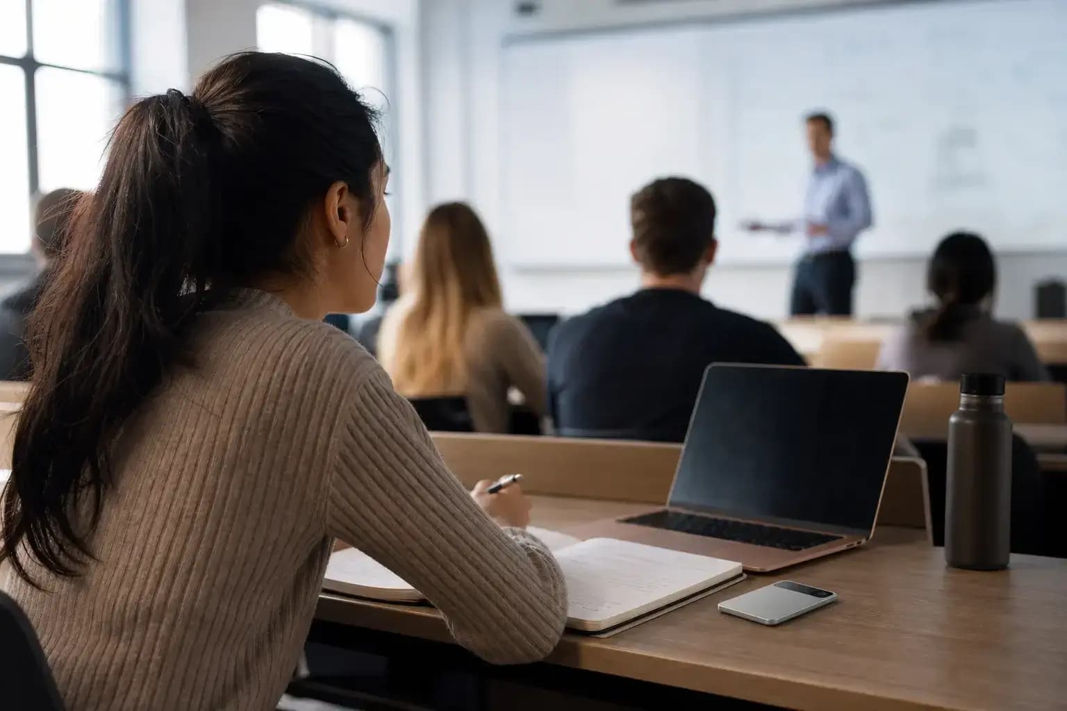 A student taking notes during a lecture with Eureka on the desk
